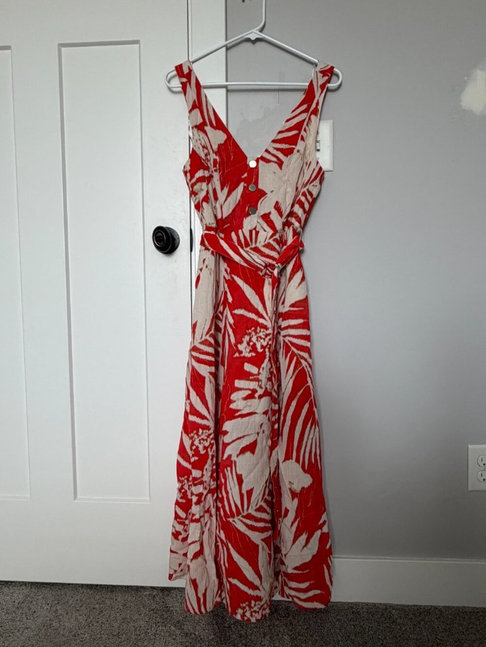 Listing Title DKNY Orange White Tropical Leaf Sleeveless Button Front Belted Mid